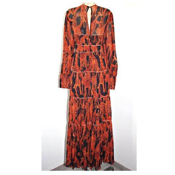 Farm Rio Giraffes Puff Sleeve Corset Piping Tiered Maxi Dress in Orange  S  $315 - Picture 13 of 16